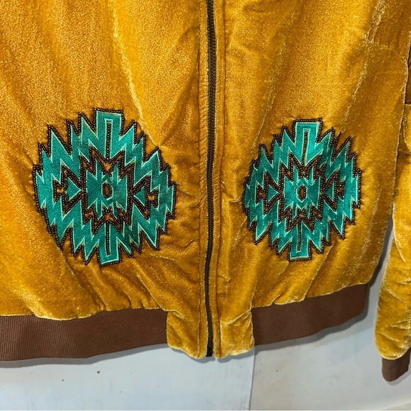 Crazy Train Mustard Velvet Like Bomber Jacket with Bucking Horse & Teal Accents - Picture 5 of 11